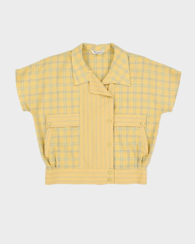 80s Yellow Checked Blouse - M Elegant Silk Blouse