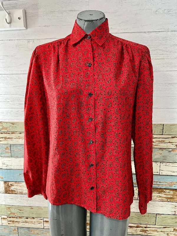 80’s Red Parsley Print Long Sleeve Blouse Double-Layered Blouse