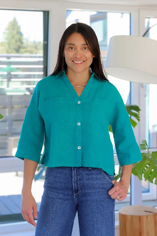 BIBICO Ava Oversized Blouse in Jade Linen Romantic Lace Blouse