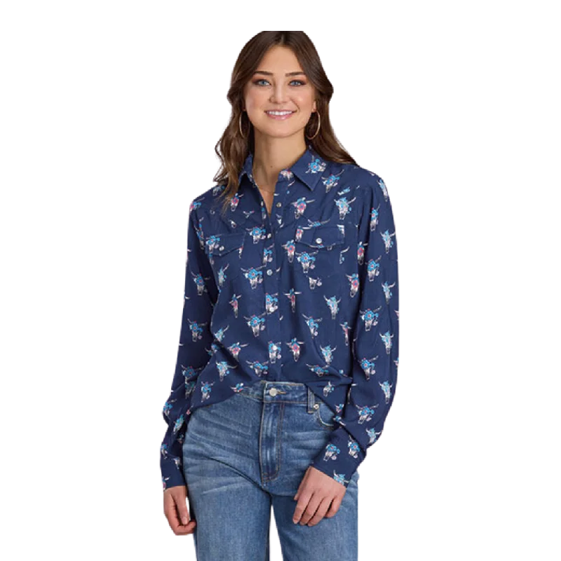 Roper Women's Navy Western Blue Blouse Floral Chiffon Blouse