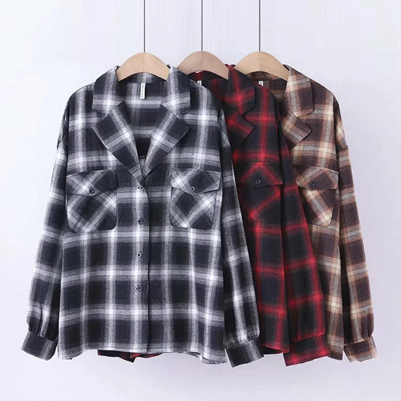 Casual Long Sleeve Plaid Blouse Women Playful Puff Blouse