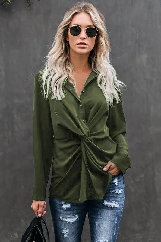 Classic Styles Green Button Down Twist Blouse Versatile Layering Blouse