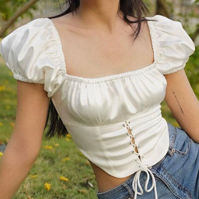 Elegant Square Collar Drawstring Ruched Top and Blouses Shirts Frilled Cuff Blouse