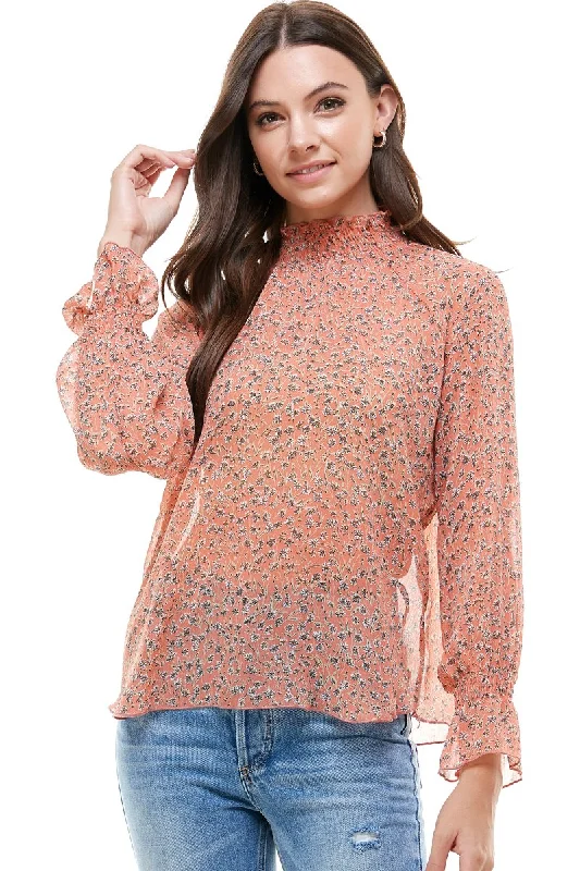 Ditsy Floral Smock Neck and Smock Cuffs Blouse Elegant Embroidery Blouse