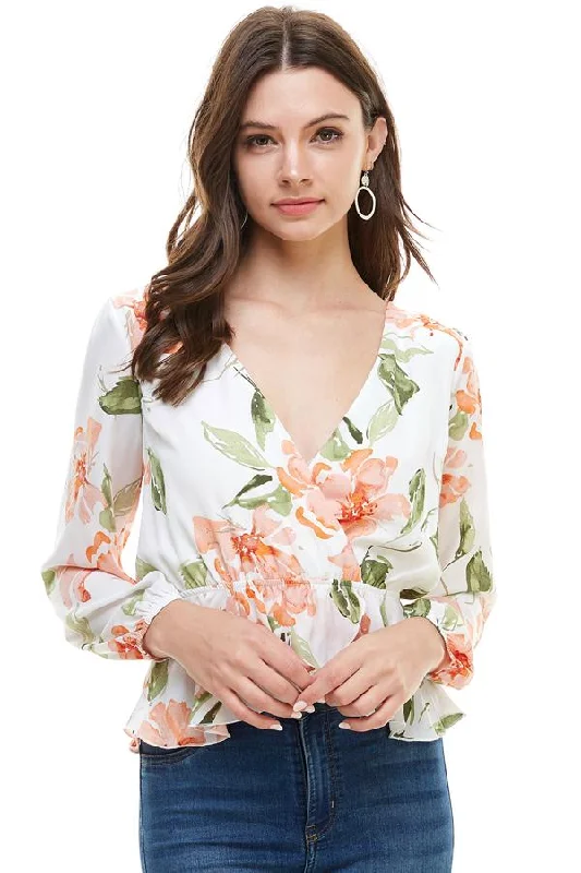 Floral Surplice Peplum Hem Blouse Business Casual Blouse