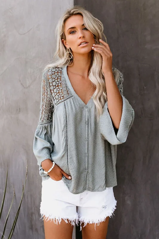 Gray The Du Jour Hollow Out Crochet Blouse Subtle Shimmer Blouse