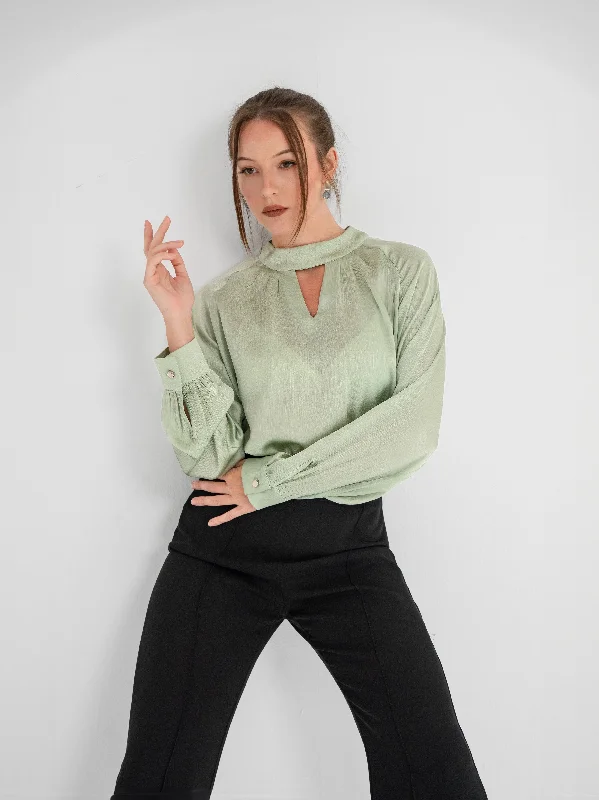 Light green keyhole neckline blouse Loose Fit Blouse