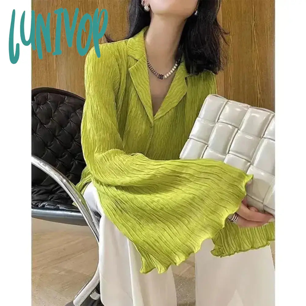 Lunivop Elegant Folds Shirts Women Vintage Flare Long Sleeve Pleated Blouses Office Ladies Korean Black Designer Casual Tops New Elegant Semi-Sheer Blouse