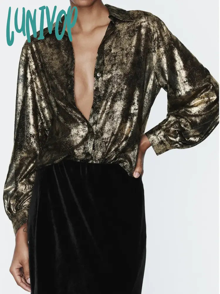 Lunivop Metal Printed Long Sleeve Shirts Women 2024 Spring New Turn Down Collar Single Breasted Blouse Female Casual Fashion Blouses Frilled Cuff Blouse Lunivop Metal Printed Long Sleeve Shirts Women 2024 Spring New Turn Down Collar Single Breasted Blouse Female Casual Fashion Blouses Frilled Cuff Blouse