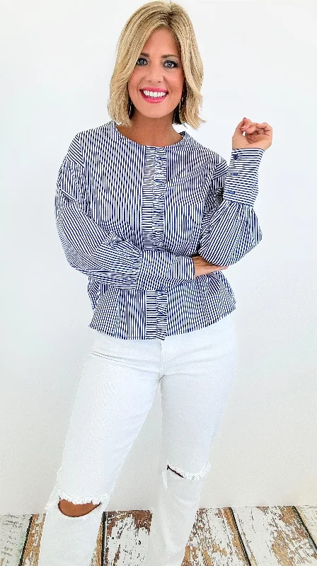 Parisian Stripe Ruffle Blouse - Blue Office Formal Blouse