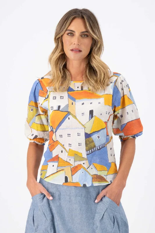 Pueblito Blouse Orange in Seersucker Sweetheart Neck Blouse