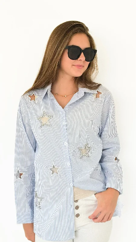 Starry Stripes Button-Down Blouse Casual Stripe Blouse