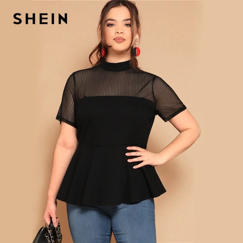 SHEIN Plus Size Black Striped Mesh Yoke Peplum Top Blouse 2019 Women Summer Stand Collar Slim Fit Ruffle Hem Sheer Blouses Shirt Wrap Front Blouse SHEIN Plus Size Black Striped Mesh Yoke Peplum Top Blouse 2019 Women Summer Stand Collar Slim Fit Ruffle Hem Sheer Blouses Shirt Wrap Front Blouse