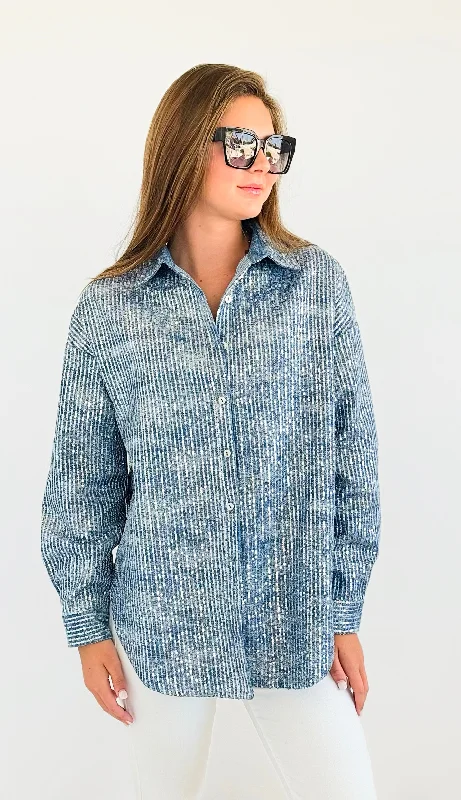 Sparkly Sequin Denim Shacket Office-Ready Blouse