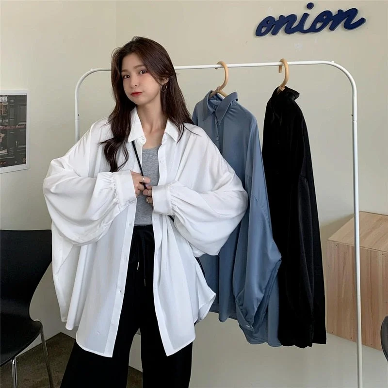 Spring Summer Women Shirt Oversize Elegant Blouses for Women Lantern Sleeve White Shirt Mid-length Shir Coat Women Tunic Soft Satin Blouse Spring Summer Women Shirt Oversize Elegant Blouses for Women Lantern Sleeve White Shirt Mid-length Shir Coat Women Tunic Soft Satin Blouse