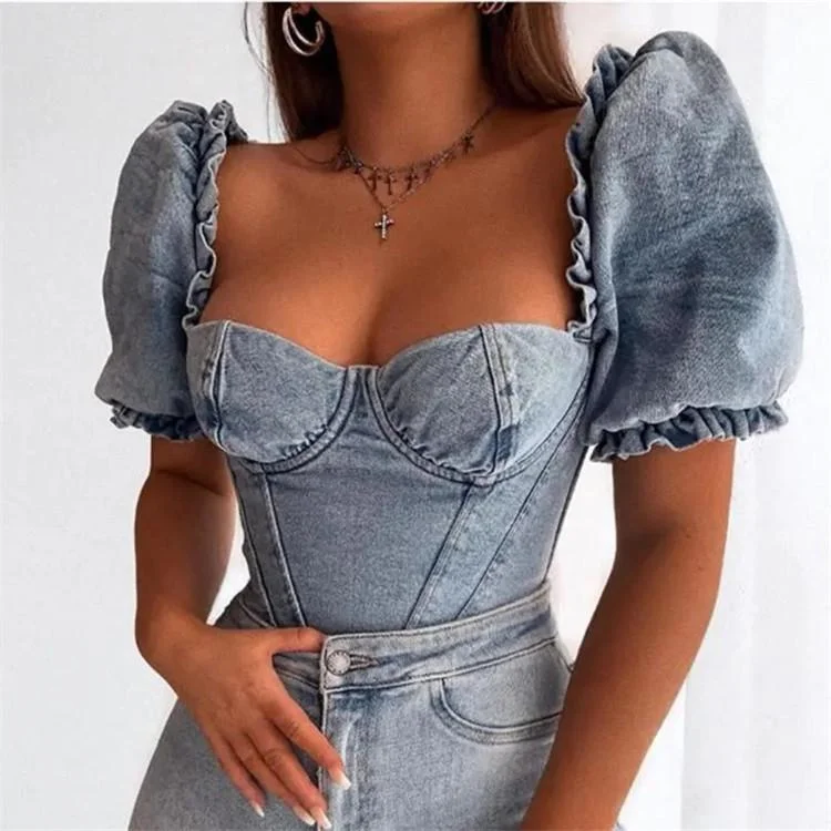 Square Neck Puff Sleeve Denim Blouse Pleated Collar Blouse