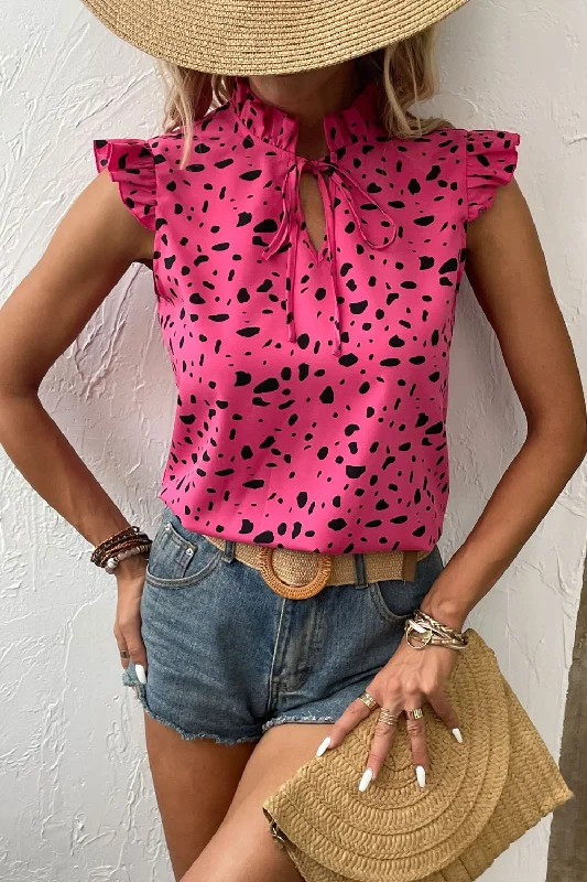 Printed Tie Neck Cap Sleeve Pink Blouse Sheer Mesh Blouse