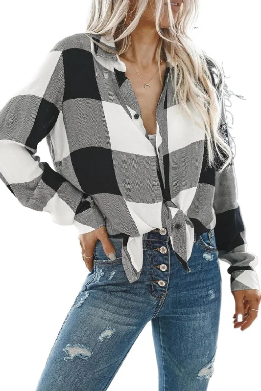 Women's Turn Down Collar Button Down Flannel Blouse Lightweight Chiffon Blouse