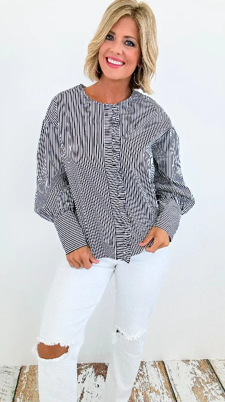 Parisian Stripe Ruffle Blouse - Black Soft Modal Blouse