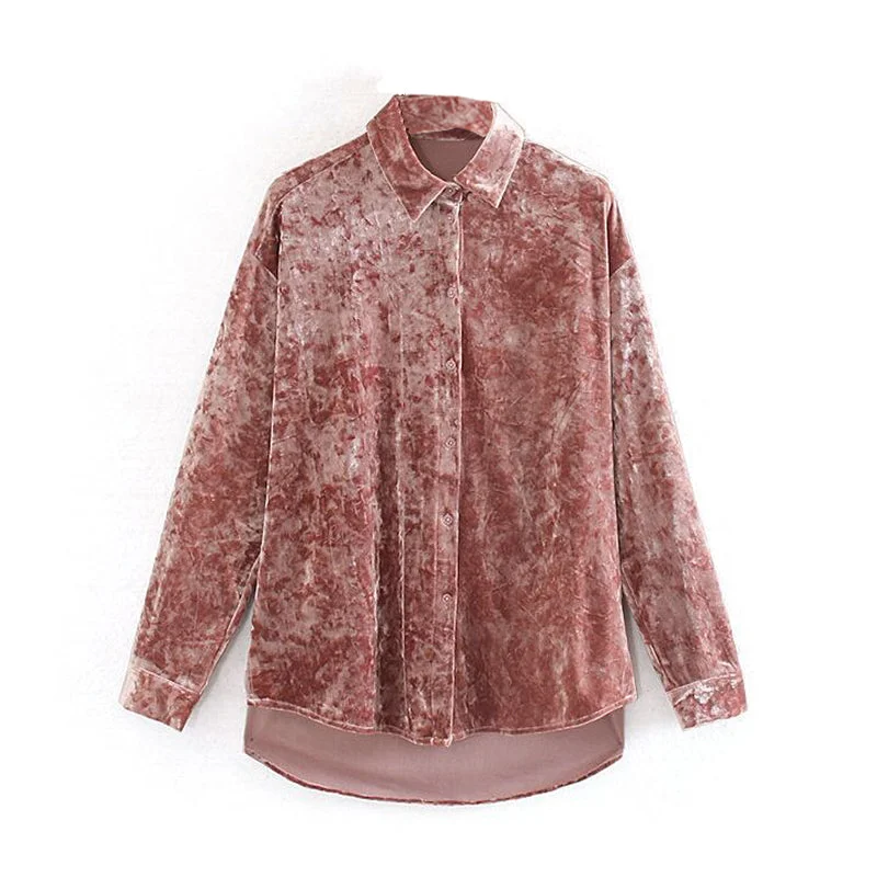 Velvet Fabric Pink Blouse Women Autumn Elegant Semi-Sheer Blouse