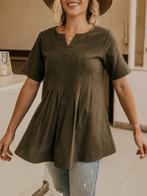 Women Loose Pleated Short Sleeve Blouses Detail Tops Satin Drape Blouse