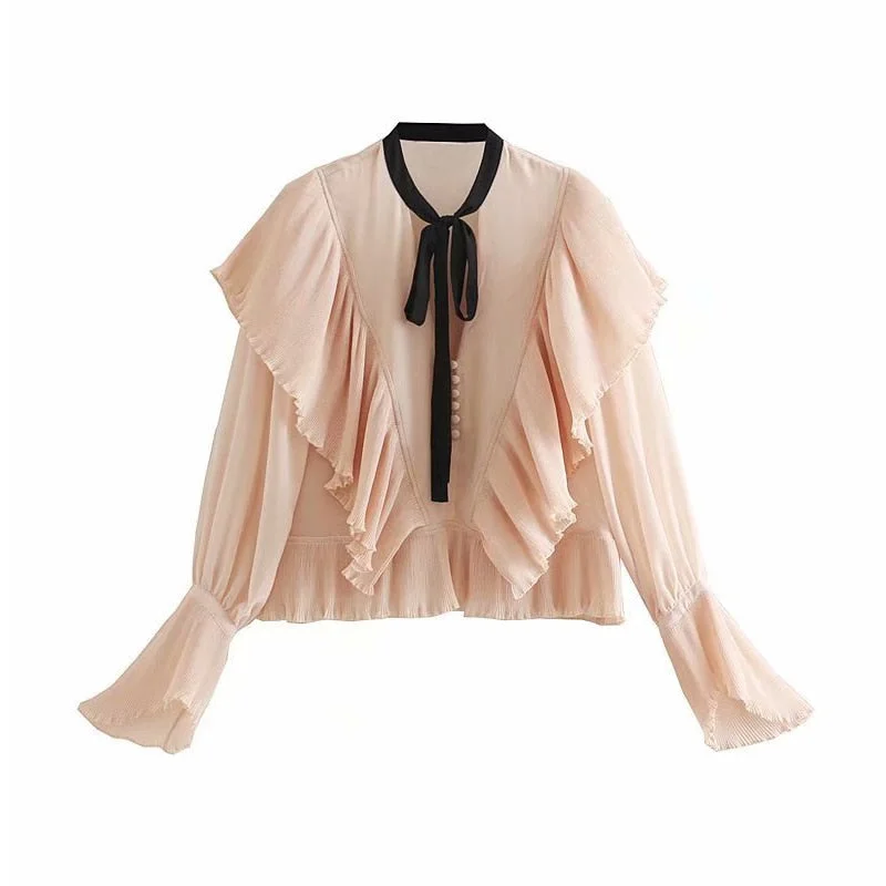 Women Stylish Bow Neck Pink Blouse Flare Modern Work Blouse