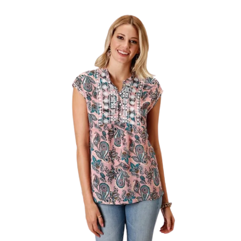 Roper Women's Pink Paisley Print Blouse Silky Draped Blouse