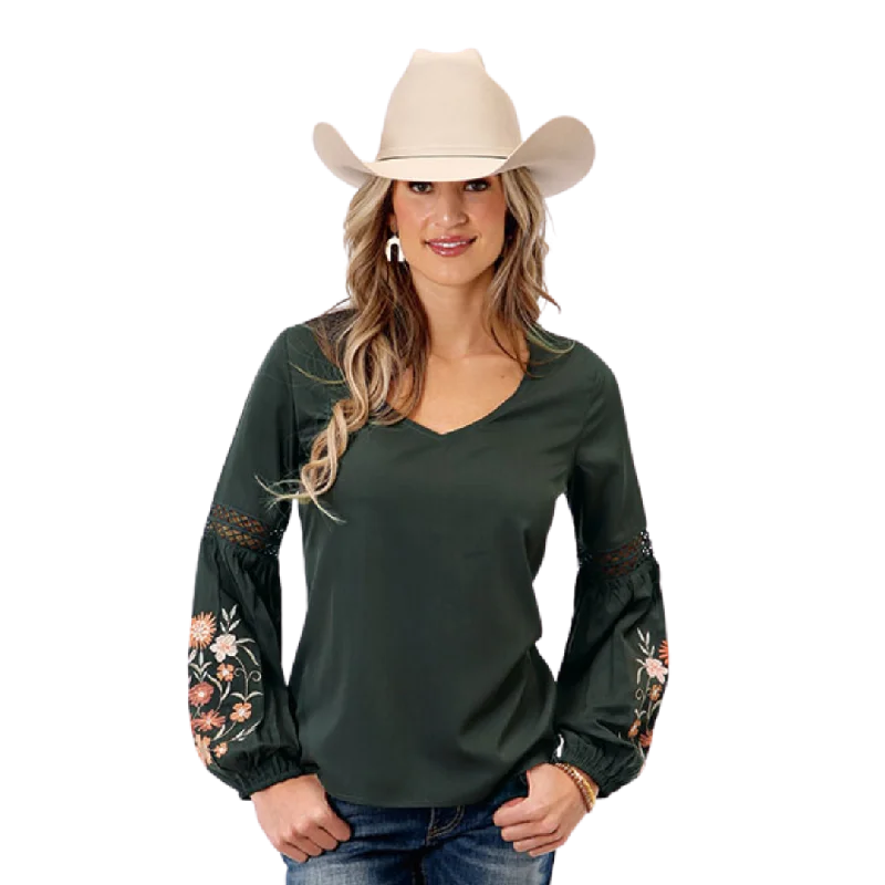 Roper Women's Charcoal Poly Crepe Blouse Feminine Tie Blouse
