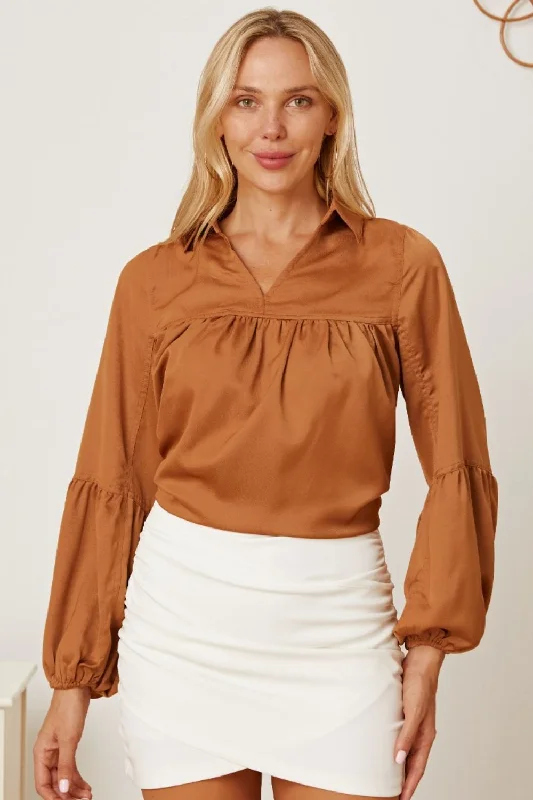 Balloon Sleeve Collared Neck Blouse Semi-Sheer Blouse