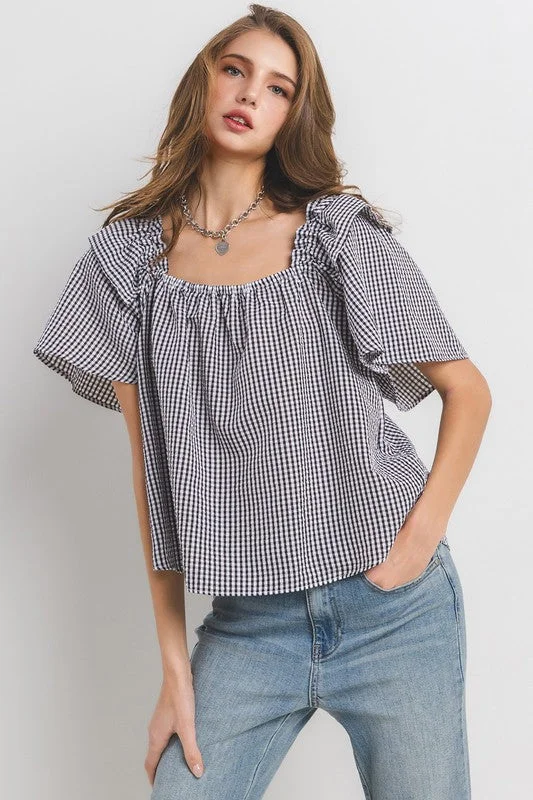 BLACK GINGHAM SQUARE NECK RUFFLED BLOUSE TOP TU13637PA Sleeveless Summer Blouse