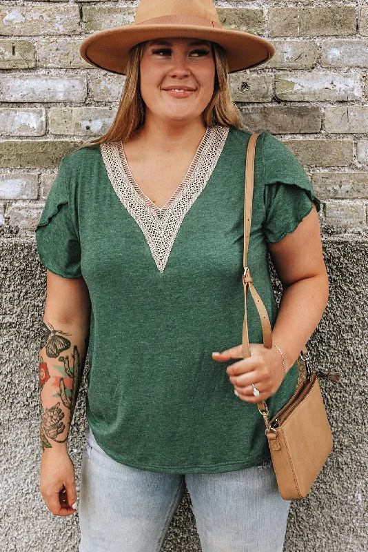 Blackish Green Plus Size Embroidery V Neck Draped Sleeve Blouse Peter Pan Collar Blouse Blackish Green Plus Size Embroidery V Neck Draped Sleeve Blouse Peter Pan Collar Blouse
