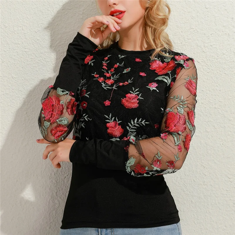 CARA Design Women's Fashion Stylish Embroidery Floral Sheer Mesh Design Chiffon Blouse Ruffled Neck Blouse CARA Design Women's Fashion Stylish Embroidery Floral Sheer Mesh Design Chiffon Blouse Ruffled Neck Blouse