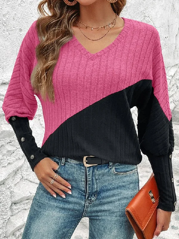 Contrast Buttoned V-Neck Blouse Peter Pan Blouse
