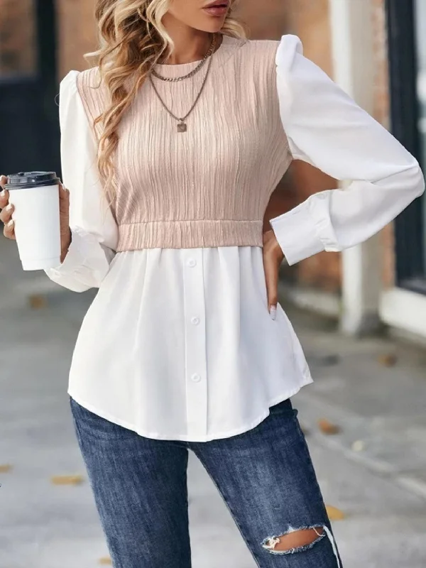 Contrast Puff Sleeve Blouse in 3 Colors Wrap Front Blouse