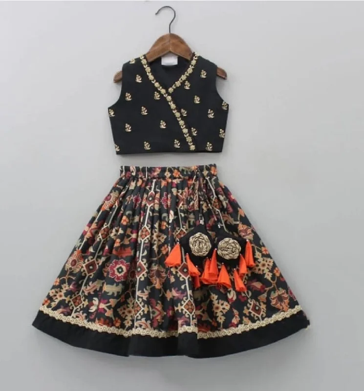 Pre-Order: Black Ikkat Print Heavy Hand Embroidered Blouse With Ghagara Set Silky Tunic Blouse Pre-Order: Black Ikkat Print Heavy Hand Embroidered Blouse With Ghagara Set Silky Tunic Blouse