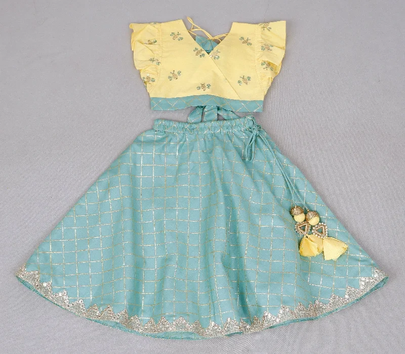 Pre-Order: Honey Bee Print with Hand Embroidered Yellow Blouse with Foil Print Aqua Ghagara Balloon Sleeve Blouse