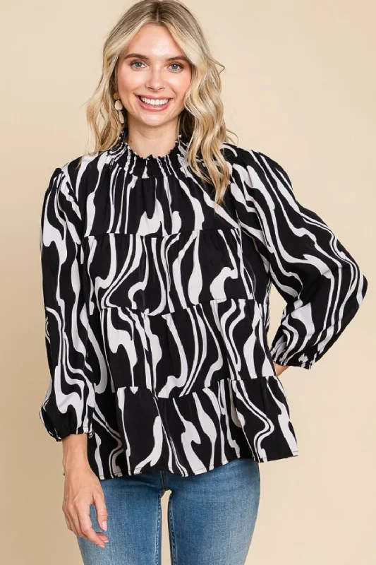 Culture Code Printed Smock Neck Tiered Blouse Satin Drape Blouse