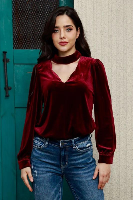 Cutout Puff Sleeve Velvet Blouse Elegant Peplum Blouse