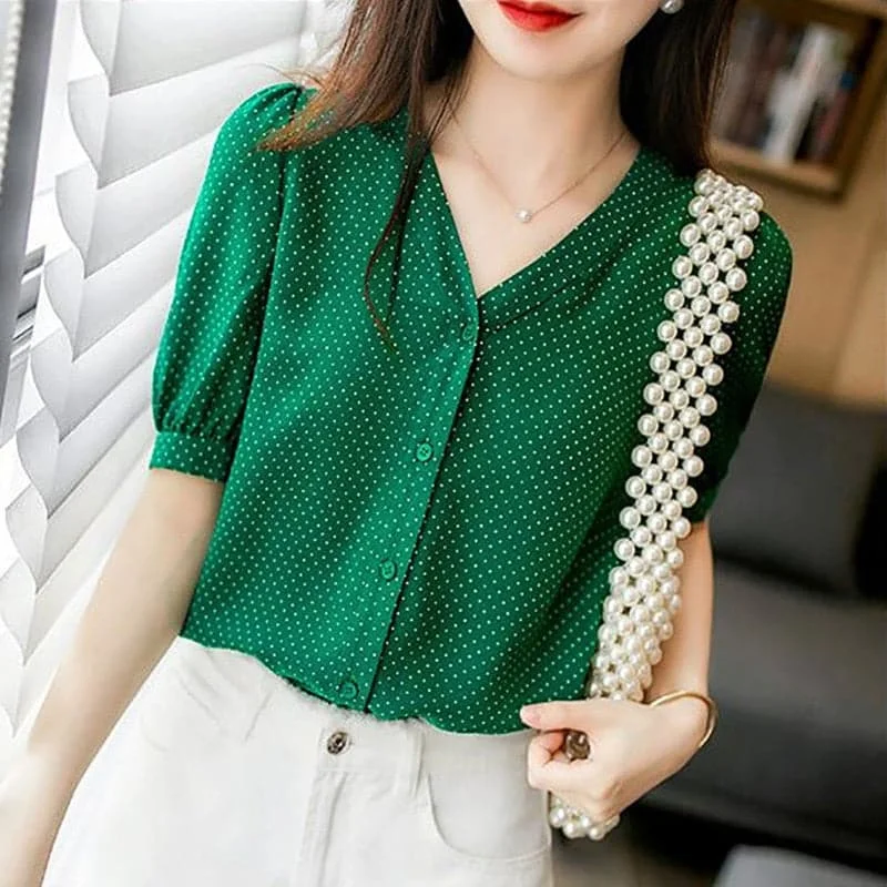 DDJ Women's Fashion Stylish Polka Dots Chiffon Blouse Top Frilled Cuff Blouse