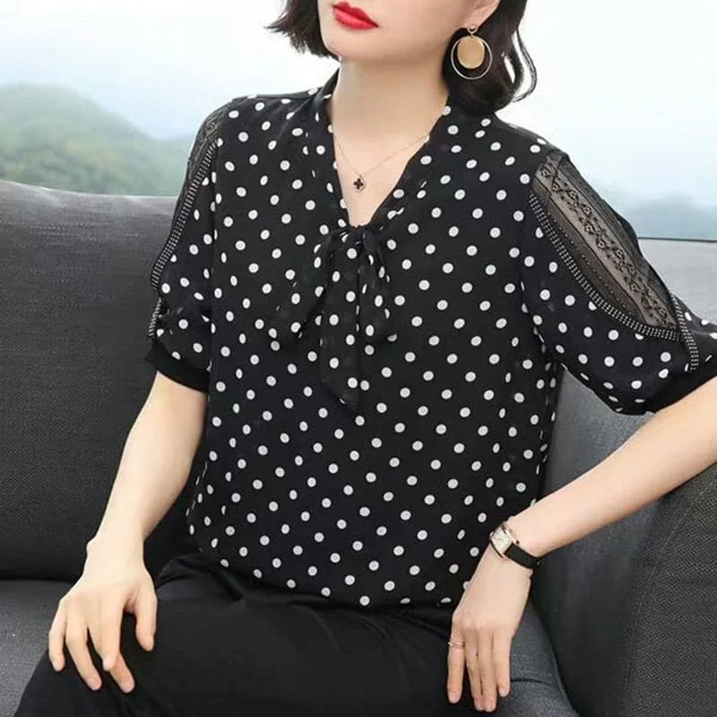 DDJ Women's Fashion Stylish Polka Dots Chiffon Blouse Top Office-Ready Blouse