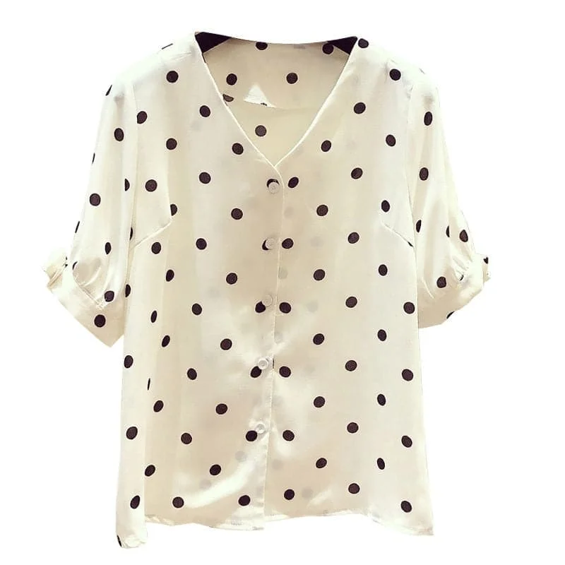 DDJ Women's Fashion Stylish Polka Dots Chiffon Blouse Top Embellished Collar Blouse