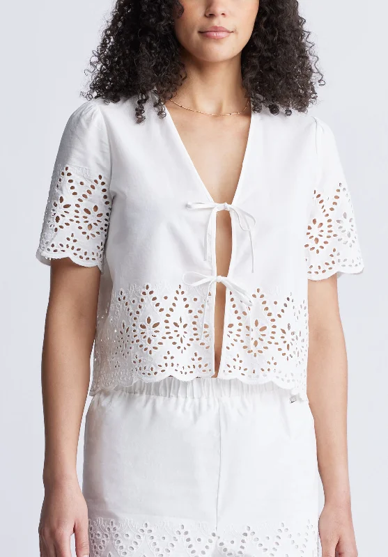 Dolly Women's Short-Sleeve Tie Front Crop Blouse, White - WT0104S Airy Cotton Blouse Dolly Women's Short-Sleeve Tie Front Crop Blouse, White - WT0104S Airy Cotton Blouse