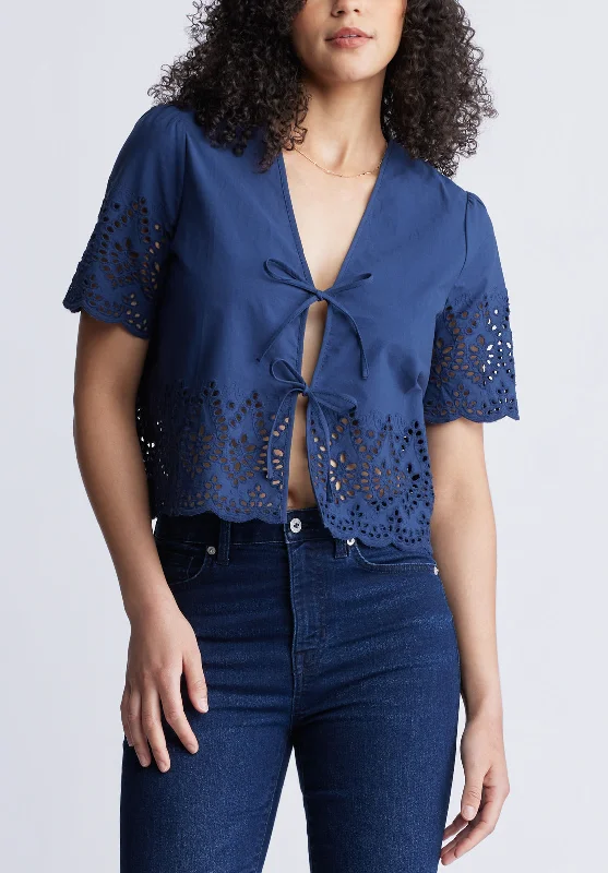 Dolly Women's Short-Sleeve Tie Front Crop Blouse, Navy - WT0104S Chic Ruffle Blouse