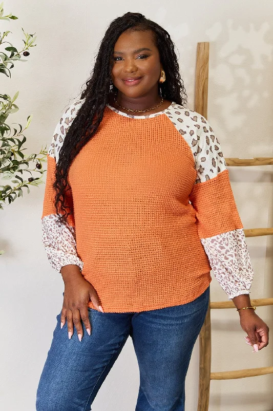 Double Take Leopard Waffle-Knit Long Sleeve Blouse Classic Minimalist Blouse
