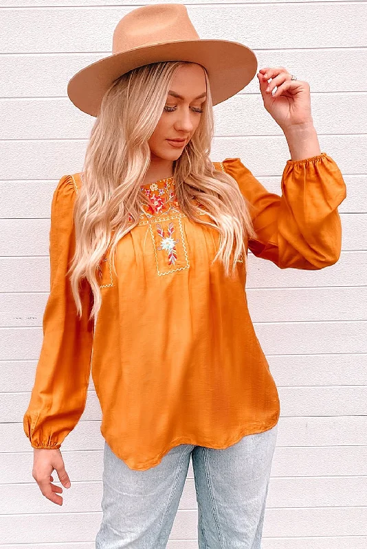 Embroidered Puff Sleeve Blouse Soft Knit Blouse