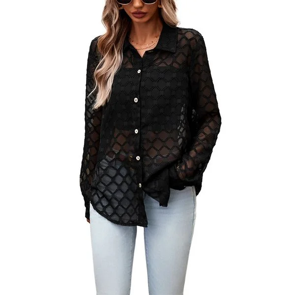 European style Sexy Long sleeve blouse for women Sheer Mesh Blouse