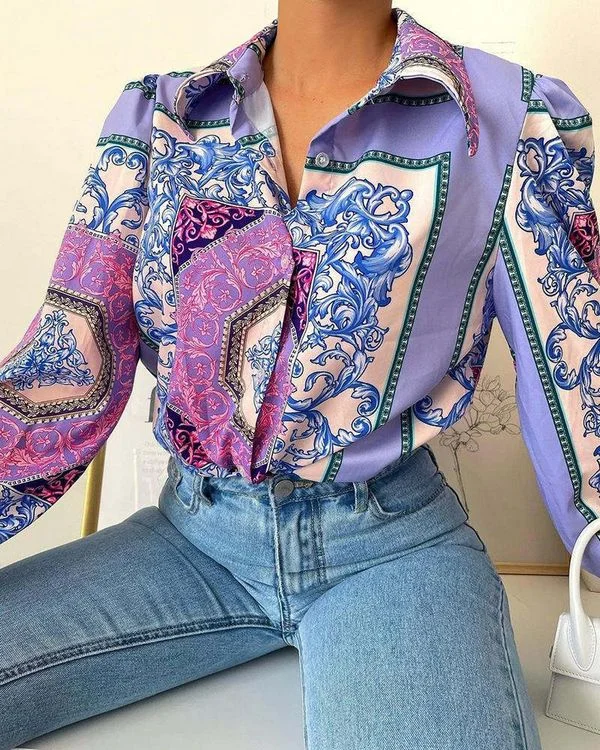 European style Summer Blue printed Blouse Feminine Satin Blouse