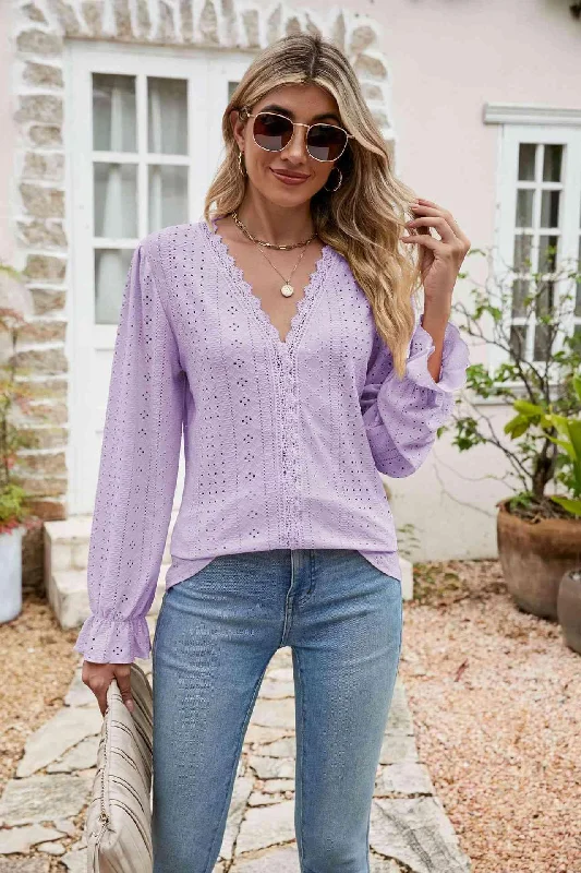 Eyelet Lace Trim Flounce Sleeve Blouse Modern Work Blouse