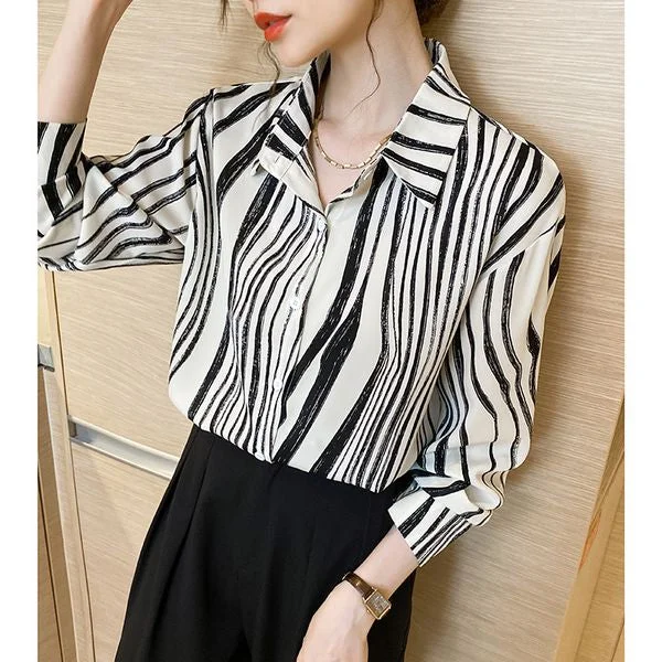 Fashion Stripe Matching White Blouse for women Casual Button Blouse