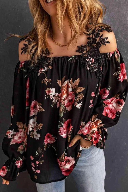 Floral Lace Cold-Shoulder Flounce Sleeve Blouse Versatile Layering Blouse